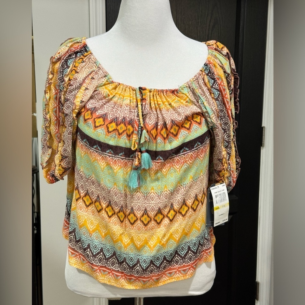 Democracy Short Sleeve Southwest Aztec Ruffled Square Neck Woven Top PM NWT